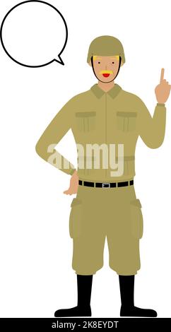 Le soldat masculin pose, parle en pointant Illustration de Vecteur