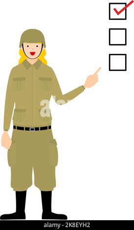 Posture du soldat féminin, pointant vers une liste de contrôle Illustration de Vecteur