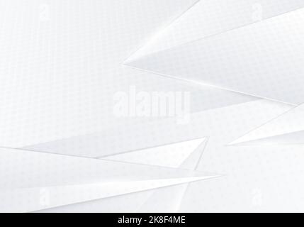 Triangles abstraits formes de motif géométrique style décoration. Dégradé de gris et blanc se chevauchant avec un arrière-plan demi-ton de cercles. Vecteur Illustration de Vecteur