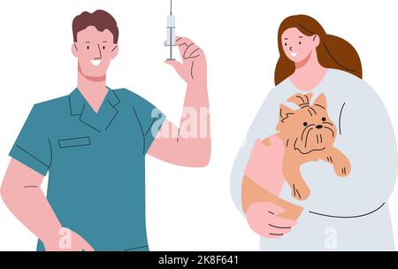 Animaux de compagnie vaccination vétérinaire service. Clinique VET, veteterinar avec seringue et chien de garde de fille. Concept de soins de santé pour animaux à vecteur plat, santé des animaux Illustration de Vecteur