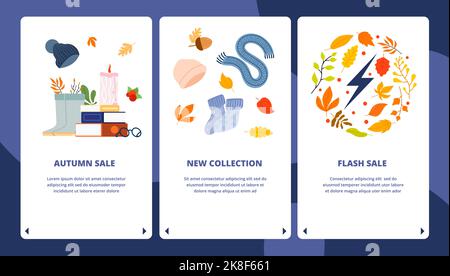 Bannières de vente saisonnières pour applications mobiles. Prospectus d'application avec feuilles, vêtements, bottes. Nouvelle collection d'accessoires confortables, vecteur de réduction Flash automne Illustration de Vecteur