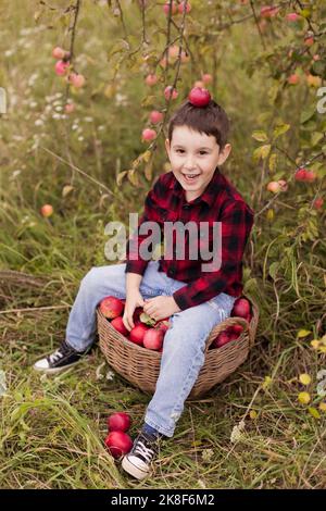 Garçon joueur avec pomme sur la tête assis à la ferme Banque D'Images