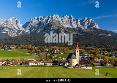 Vue sur les montagnes Wilder Kaiser, Tyrol, Autriche Banque D'Images