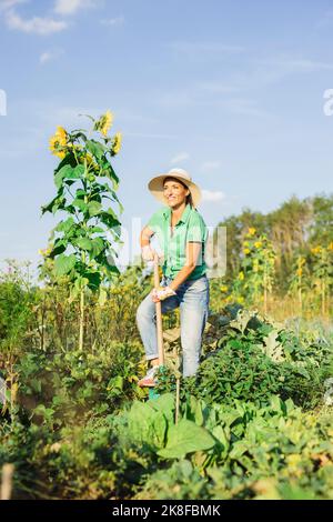 Un jardinier mûr souriant avec une pelle de jardinage sur le terrain par beau temps Banque D'Images