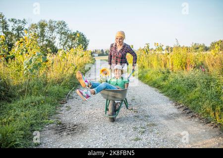 Un jardinier heureux pousse un collègue assis dans une brouette sur le terrain Banque D'Images