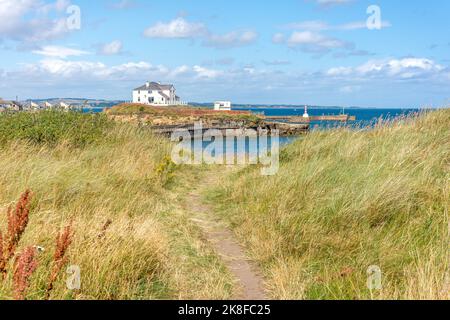 Cliff House et chemin à travers les dunes de sable, amble, Northumberland, Angleterre, Royaume-Uni Banque D'Images