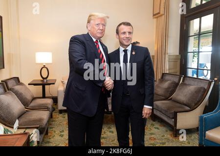 Le président Donald J. Trump et le président français Emmanuel Macron lors du sommet de 44th G7 sur 8 juin 2018, à Charlevoix (Québec). Banque D'Images