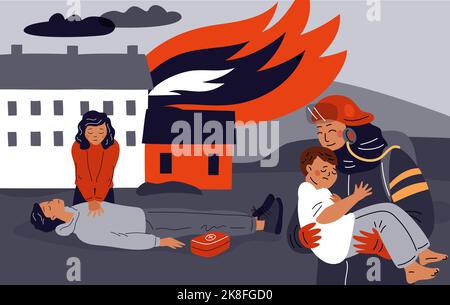 Service d'urgence des incendies. Processus d'extinction de flamme. Les pompiers sauvent les victimes de la maison en feu. Premiers soins. Pompier transportant un enfant Illustration de Vecteur
