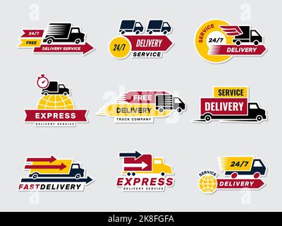Badges de livraison. Camions voitures différents véhicules pour les services de livraison emblème vecteur récent avec place pour le texte Illustration de Vecteur