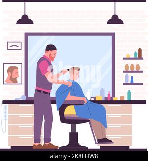 Les gens dans le salon de coiffure. Coiffeur avec le client. Coiffeur fait la coupe de cheveux. Client assis sur un fauteuil. Tonte des cheveux. Coiffeur à couper avec un rasoir Illustration de Vecteur