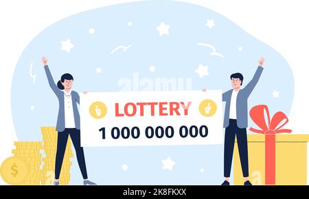 Heureux gagnant du jackpot. Jeu de loterie, les personnes tenant le chèque gagnant. Les gars chanceux, les entreprises et les investissements. Flat Vector couple récent avec grand gain Illustration de Vecteur