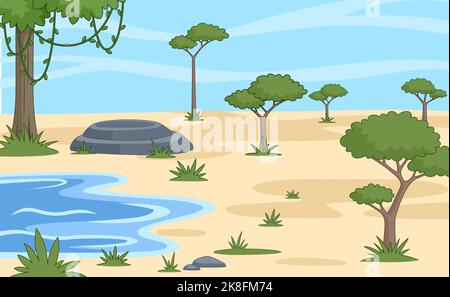 Dessin animé paysage de Savannah. Zone africaine, désert ou oasis girt fladdle et arbre vert. Vector vide fond africain, emplacement du jeu Illustration de Vecteur