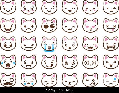 Visages chatons mignons. Kawaii chats émoticônes, affectif bébé clipart. Chatte de dessin animé isolé diverses émotions. Contour d'expression animaux têtes vecteur ordonné Illustration de Vecteur