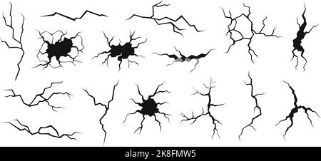 Ligne de fracture de masse. Silhouettes noires de fissures murales, effet tremblement de terre. Vue de dessus fissure, dommages de surface et trous des éléments vectoriels racy Illustration de Vecteur