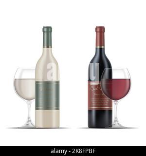 Illustration de verres à vin rouge et blanc et de bouteilles de vin isolées sur fond blanc Illustration de Vecteur