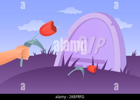 Mettre des fleurs sur la tombe. Enterrement cimetière de cérémonie funéraire de graf, main de tristesse avec fleur au tombeau du souvenir, deuil de la mort de rip, illustration vectorielle de cimetière de dessin animé de la tombe de mort, fleur sur cimetière Illustration de Vecteur