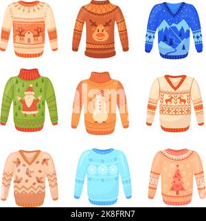Chandail laine laid. Drôle chandails de noël, pull-over en tricot bonhomme de neige nordic flocon de neige ornemental ou père noël, hiver grand-mère pull Noël décembre vacances, illustration vectorielle de la laine pull-over Illustration de Vecteur