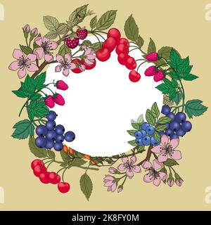 Couronne ronde ou cadre de framboise, canneberge, bleuet, mûre, fraise sur branches sur fond blanc. Illustration dessinée à la main. Banque D'Images