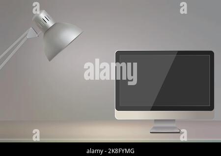 Illustration vectorielle. Lieu de travail au bureau, moniteur d'ordinateur, lampe, modèle, concept d'entreprise Banque D'Images