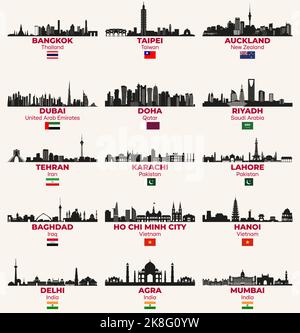 Les villes asiatiques et du Moyen-Orient Skylines silhouettes ensemble vectoriel Illustration de Vecteur