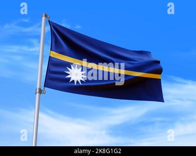Magnifique drapeau de Nauru agitant dans le vent avec fond de ciel - 3D illustration - 3D rendu Banque D'Images