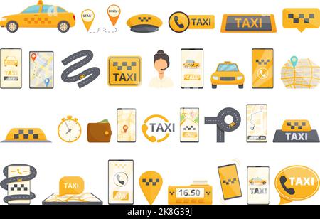 Les icônes d'appel de taxi définissent un vecteur de dessin animé. Application en ligne. Paiement de voyage Illustration de Vecteur