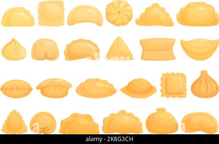 Les icônes de dumplings définissent le vecteur de dessin animé. Wonton pelmeni. Raviolis Illustration de Vecteur