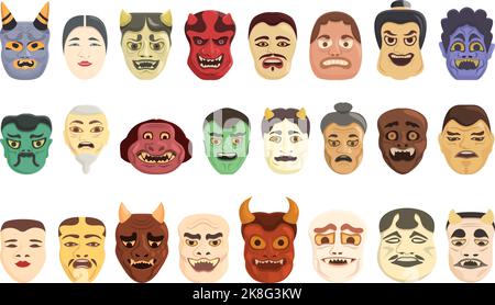 Les icônes de masque de noh japonais définissent le vecteur de dessin animé. Asiatique en colère. Masque créepy Illustration de Vecteur