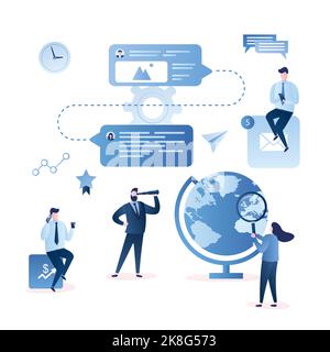 Communication et contacts globaux d'entreprise.travail d'équipe en ligne.personnages de gens d'affaires dans diverses poses. Messages, e-mails, enseignes et discours Illustration de Vecteur