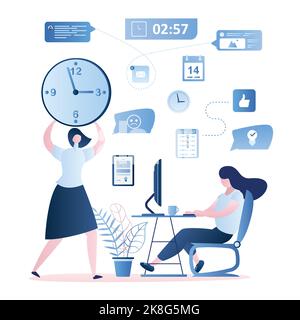Gestion du temps et concept d'échéance, jeune fille employé sur le lieu de travail et femme d'affaires patron avec grande montre, femmes personnages et enseignes d'affaires dans le mode Illustration de Vecteur