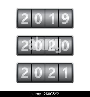 Ensemble de calendrier avec années- 2019, 2020, 2021. Compte à rebours du tableau à rabat avec nombre d'années. Concept de bonne année. Tableau de bord réaliste des années. Vecteur Illustration de Vecteur