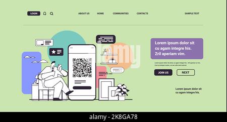 Homme d'affaires scannant le code QR sur l'écran du smartphone, vérification de code-barres lisible Illustration de Vecteur