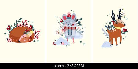 Cartes d'hiver avec des animaux, renne drôle et guirlandes sur les cornes, souris mignonne dans un foulard parmi les tas de neige, cerf endormi. Animaux magiques. Concept Noël et nouvel an. Vecteur Illustration de Vecteur