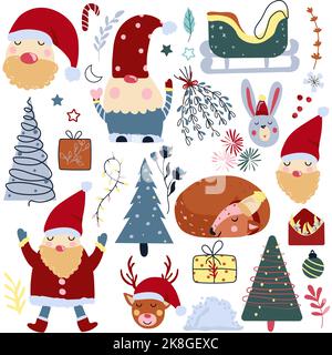 Collection de Noël avec Père Noël, cerf d'hiver mignon, arbre de Noël, feuilles colorées, branches de pin, neige et autre. Concept Noël et nouvel an. Personnages de dessin animé amusants. Vecteur. Illustration de Vecteur