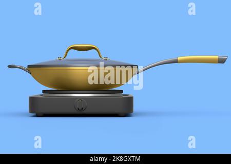 Poêle à frire ou wok avec couvercle en verre sur cuisinière électrique de camping portable Banque D'Images