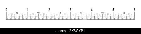 échelle de règle de 6 pouces avec fractions. Unité de longueur dans le système impérial de mesure outil mathématique ou géométrique avec marquage et nombres isolés sur fond blanc. Illustration vectorielle Illustration de Vecteur