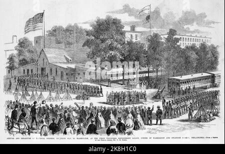 Arrivée et départ des soldats nationaux, en route vers Washington, au salon Union Volunteer de rafraîchissements, à l'angle des rues Washington et Swanson, Philadelphie. Septembre 1862. Illustration de la guerre de Sécession américaine du 19th siècle tirée du journal illustré de Frank Leslie Banque D'Images