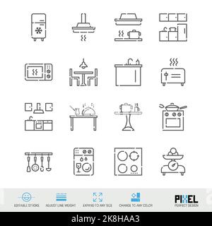 Cuisine, mobilier et appareils liés ligne icône ensemble isolé sur blanc. Banque D'Images