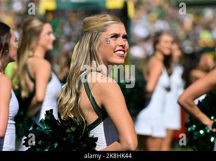 Waco, Texas, États-Unis. 22nd octobre 2022. Baylor porte des cheerleaders pendant la moitié 1st du match de football de la NCAA entre les Jayhawks du Kansas et les Baylor Bears au stade McLane de Waco, au Texas. Matthew Lynch/CSM/Alamy Live News Banque D'Images