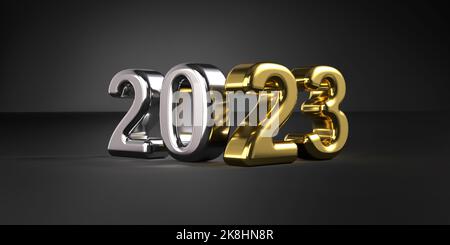 Fin de l'année 2022, 2023 3D ont rendu des numéros sur fond sombre de studio. Banque D'Images