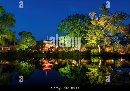 Vue nocturne de la Tour Shingyo-Hoto avec réflexion à Daikaku Ji à Kyoto, Japon Banque D'Images