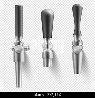 Robinets à bière avec poignées noires, équipement réaliste de forme différente pour bar ou pub. Robinets pour verser des boissons avec des éléments en acier inoxydable isolés sur fond transparent, maquette 3D illustrations vectorielles Illustration de Vecteur