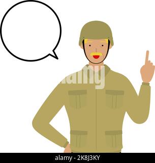 Le soldat masculin pose, parle en pointant Illustration de Vecteur