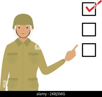 Posture du soldat féminin senior, pointant vers une liste de contrôle Illustration de Vecteur