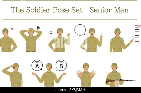 Pose de soldat senior, questionnement, inquiétude, encouragement, pointage, etc Illustration de Vecteur