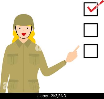 Posture du soldat féminin, pointant vers une liste de contrôle Illustration de Vecteur