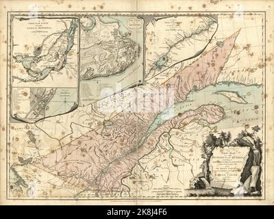 Une carte ancienne de la province de Québec, Canada, selon la Proclamation royale du 7th de October1763 qui a suivi le Traité de Paris. Les décors montrent l'île de Montréal et la ville de Québec. Banque D'Images