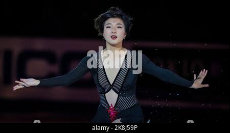 Norwood, Massachusetts, États-Unis. 23 octobre 2022. Kaori Sakamoto, du Japon, skate lors du gala du concours de patinage artistique de l'UIP sur 23 octobre 2022 à Norwood, aux États-Unis d'Amérique. Crédit : Mathieu Belanger/AFLO/Alay Live News Banque D'Images