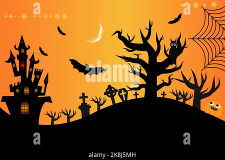 Halloween arrière-plan copyspace, paysage mystérieux Tombstone cimetière, maison de sorcière de bande dessinée, maison hantée, Pumpkins Owl et chauves-souris.Spooky Horor Cartoon Illustration de Vecteur