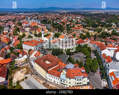 Veszprem, Hongrie - vue panoramique aérienne du quartier du château de Veszprem avec bâtiment de l'hôtel de ville à la place Ovaros et tour d'observation du feu sur un vif Banque D'Images